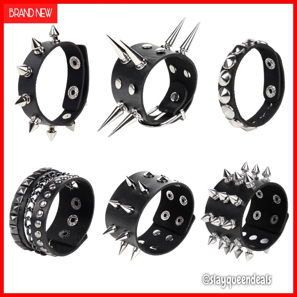 Punk Rock Faux Leather Studded Bracelet Set Adjustable Cuff Wristbands
